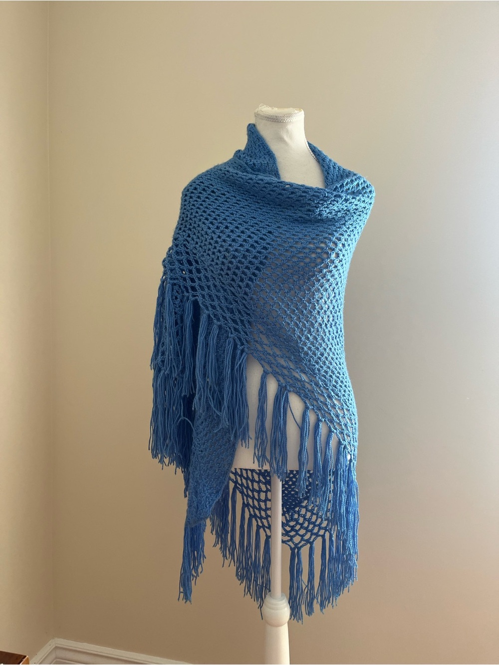 Blue Crochet Fringe Shawl Wrap
